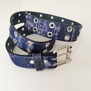 Genuine Leather Grommet Silver Metal Buckle Denim Fabric Print Belt